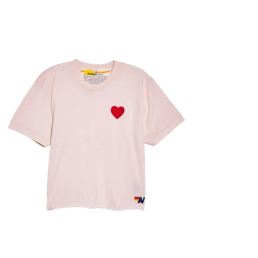 NWT AVIATOR NATION HEART EMBROIDERY BOYFRIEND TEE in ALMOND